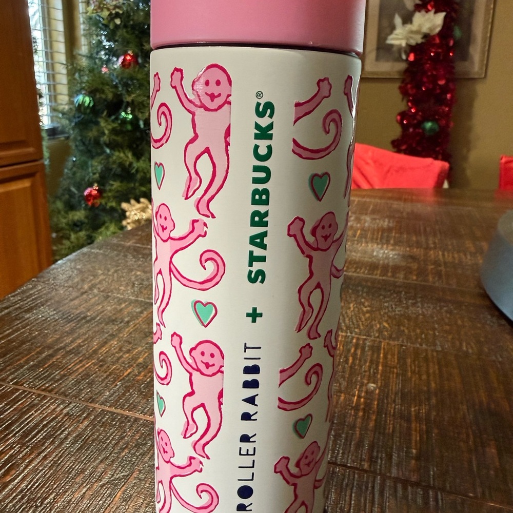 Starbucks Pink and White Tumbler with Monkey Pattern